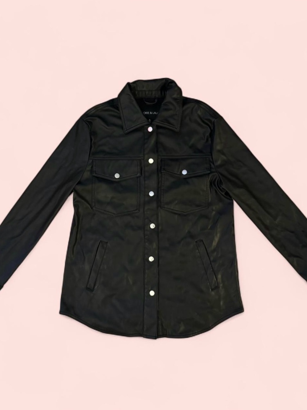 Ookie & Lala Black Faux Leather Shacket Jacket Women’s Medium Button Front